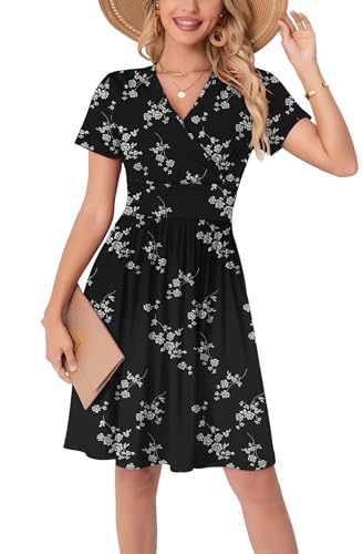 WUWUSKY Sommerkleid Damen Kurzarm V-Ausschnitt Freizeit Kleider A Linie Leicht Casual Dress mit Taschen Strandkleid Rüschen Midikleid Einfarbig A-Linie Kleider,Weiße Blumen/schwarz,XL von WUWUSKY
