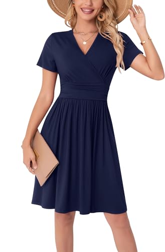WUWUSKY Sommerkleid Damen Kurzarm V-Ausschnitt Knielang Midi Kleid mit Tasche Freizeit Kleider A Linie Leicht Casual Dress Sommer wickelkleid,Marineblau,L von WUWUSKY