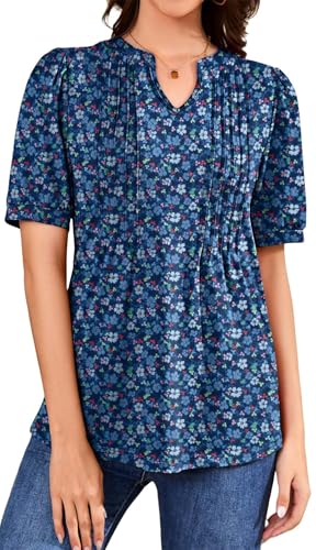 WUWUSKY Tunika Damen Blumen Tops Tuniken Blusen Falten Elegante Oberteile Große Größen Blumendruck Shirt Sommerbluse Locker Frauen Tuniken,Blaue Flora,XL von WUWUSKY