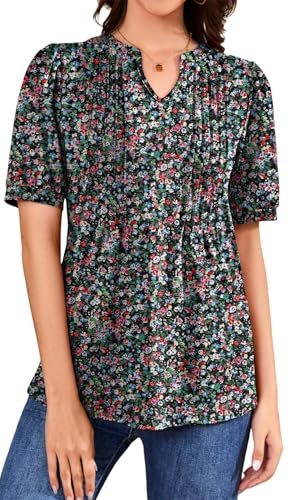 WUWUSKY Tunika Damen Sommer Longshirt Blumen Tops Elegant Lässig Tuniken Leicht Sommerbluse Long Hemd Floral Print Bluse Elegant Festlich Kurzarm Blumen-Grün,Rot Grün Blume,L von WUWUSKY