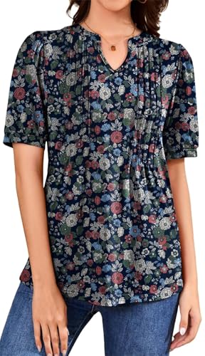 WUWUSKY Tunika Damen Sommer Longshirt Kurzarm Sommerblusen Locker Leicht Schöne Oberteile Blumendruck Shirt Damenkleidung Lang Freizeitbluse,Weiße grüne Blume,XXL von WUWUSKY