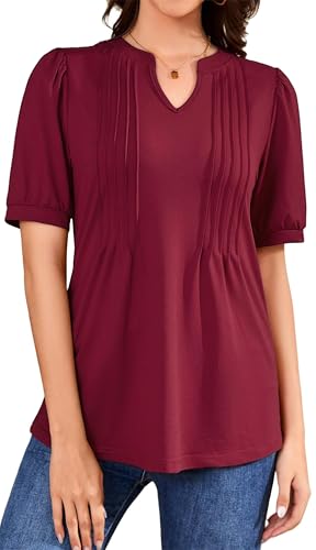 WUWUSKY Tunika Damen Sommer V-Ausschnitt Blütenblatt Ärmel Bluse Elegant Lässig Basic Top Damen Festival Outfit Oversize Shirt,Weinrot,L von WUWUSKY