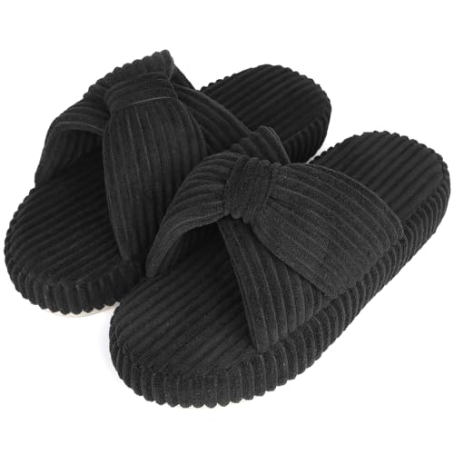 WUYISTAR Damen Hausschuhe Damen Memory Foam Hausschuhe Gemütlich Cord Schleife Kreuzbänder Hausschuhe Offene Zehe Innen Außen Schuhe Rutschen Schwarz 42-43 EU von WUYISTAR