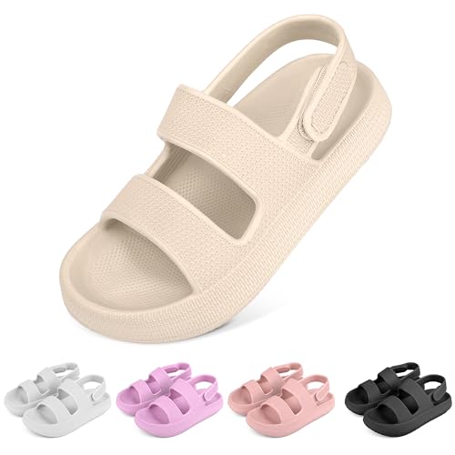 WUYISTAR Kinder Cloud Sandalen für Mädchen Offene Zehen Sportlich EVA Dicke Sohle Strand- und Pool Wasserschuhe mit Klettverschluss und Riemen Beige 28EU von WUYISTAR
