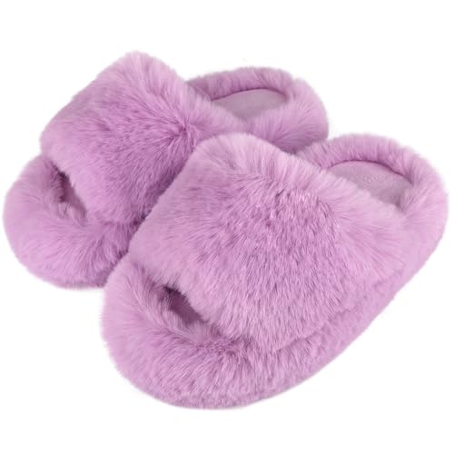 WUYISTAR Mädchen Fuzzy Hausschuhe Kinder Warme Kuschelige Weiche Plüsch Fleece Hausschuhe Offener Spitze Memory-Schaumstoff Haus-und Schlafzimmer Pantoffeln,Lila,29EU von WUYISTAR
