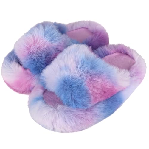 WUYISTAR Mädchen Fuzzy Hausschuhe Kinder Warme Kuschelige Weiche Plüsch Fleece Hausschuhe Offener Spitze Memory-Schaumstoff Haus-und Schlafzimmer Pantoffeln,Mehrfarbig,32EU von WUYISTAR