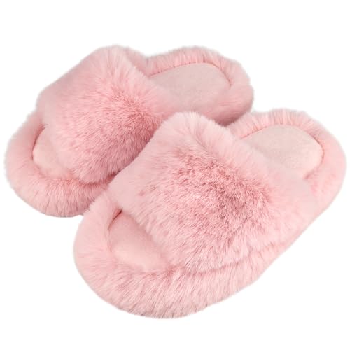 WUYISTAR Mädchen Fuzzy Hausschuhe Kinder Warme Kuschelige Weiche Plüsch Fleece Hausschuhe Offener Spitze Memory-Schaumstoff Haus-und Schlafzimmer Pantoffeln,Rosa,34EU von WUYISTAR