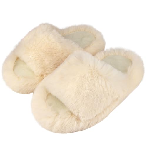 WUYISTAR Mädchen Fuzzy Hausschuhe Kinder Warme Kuschelige Weiche Plüsch Fleece Hausschuhe Offener Spitze Memory-Schaumstoff Haus-und Schlafzimmer Pantoffeln,Weiß,33EU von WUYISTAR