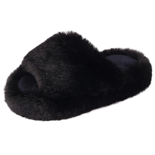 WUYISTAR Mädchen flauschige Hausschuhe warme Plüsch weichen Boden Kinder Hausschuhe offene Zehe rutschfeste Hausschuhe Schwarz 33 EU von WUYISTAR