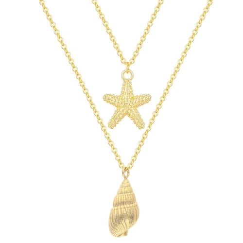 WUYJI Ketten für Damen 1 Stück Damen-Muschelkette mit Seestern- und Muschelanhänger, böhmische Perlenkette, Edelstahlkette, wasserdichte mehrlagige Halskette, Sommer-Strandurlaubsschmuck WUYJI Ketten für Damen 1 Stück Damen-Muschelkette mit Seestern- und Muschelanhänger, böhmische Perlenkette, Edelstahlkette, wasserdichte mehrlagige Halskette, Sommer-Strandurlaubsschmuck von WUYJI