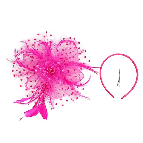 Fascinator-Hut, Blume, Netzbänder, Kunstfedern auf einem Stirnband und einem Gabelclip, Teeparty, Kopfbedeckung, Blumen-Netz-Stirnband, Hochzeit, Cocktail, Haarspange für Damen (Rosarot) von WUZIA