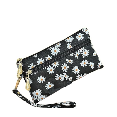 Geldbörse mit Gänseblümchen-Aufdruck, Reißverschluss, kleine Geldbörsen mit abnehmbarer Handschlaufe, Reisegeld, Handtasche, Clutch für Damen von WUZIA