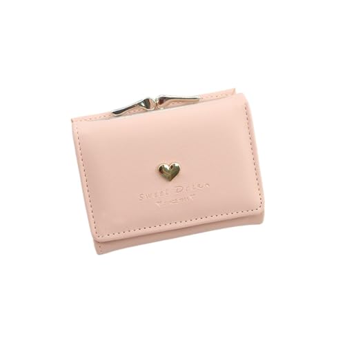 Geldbörsen für Damen, PU, kleine Karten, Geldbörse, Bifold Kreditkartenhalter, Fächer mit Münzfach, Ausweisfenster, herzförmige Metallschnalle, rose, Modern von WUZIA