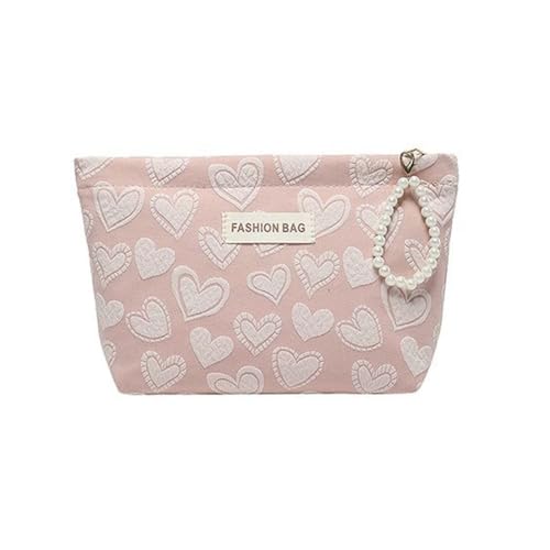 Kosmetiktasche mit Herzmotiv, rosa Kosmetiktasche mit Perlenkettengriff, tragbare Reise-Kulturbeutel, kleine Organizer-Tasche, Aufbewahrungsgeschenk für Frauen, rose von WUZIA
