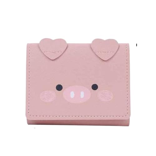 Schlanke Damen-Geldbörse, kleines Cartoon-Schwein, kurze Geldbörse, RFID-blockierend, dreifach gefaltet, mit Ausweisfenster, Kreditkartenfach mit Kartenfächern von WUZIA