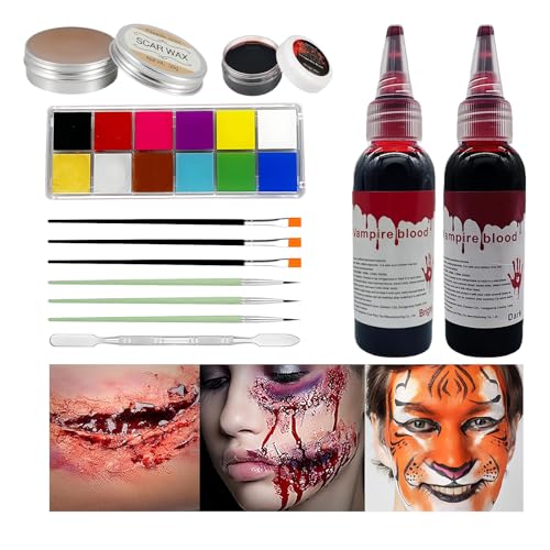 12 Stück Halloween Schminke Set, 12 Farben Palette Sfx Makeup mit Kunstblut Narbenwachs Pinseln Face Paint Set für Erwachsene Kinder Halloween Theater Cosplay Kostümparty Bodypainting Farben von WVWMYM