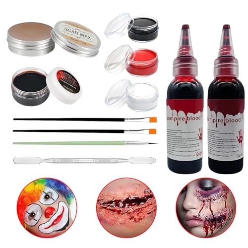 11 Stück Halloween Schminke Set, 3 Farben Sfx Makeup mit Kunstblut Narbenwachs Pinseln Face Paint Set für Erwachsene Kinder Halloween Theater Cosplay Kostümparty Bodypainting Farben von WVWMYM