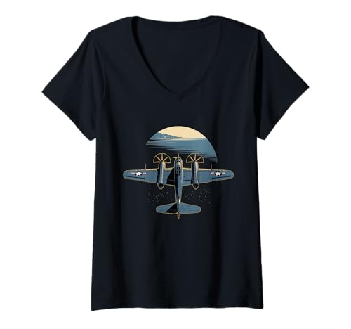 Damen WW2 Kampfflugzeuge Tshirt B-17 P51 Mustang F4U Corsair T-Shirt mit V-Ausschnitt Damen WW2 Kampfflugzeuge Tshirt B-17 P51 Mustang F4U Corsair T-Shirt mit V-Ausschnitt von WW2 Kampfflugzeuge B-17 Corsair P40 P51 Mustang