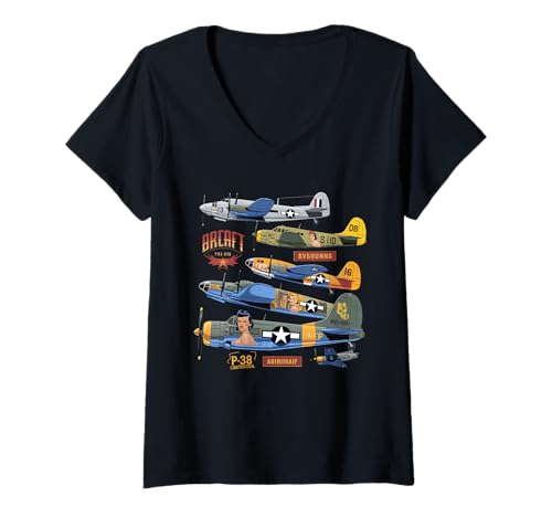 Damen WW2 Kampfflugzeuge Tshirt B-17 P51 Mustang F4U Corsair T-Shirt mit V-Ausschnitt Damen WW2 Kampfflugzeuge Tshirt B-17 P51 Mustang F4U Corsair T-Shirt mit V-Ausschnitt von WW2 Kampfflugzeuge B-17 Corsair P40 P51 Mustang