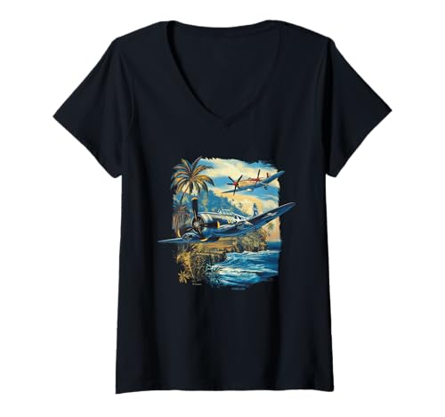 Damen WW2 Kampfflugzeuge Tshirt B-17 P51 Mustang F4U Corsair T-Shirt mit V-Ausschnitt Damen WW2 Kampfflugzeuge Tshirt B-17 P51 Mustang F4U Corsair T-Shirt mit V-Ausschnitt von WW2 Kampfflugzeuge B-17 Corsair P40 P51 Mustang