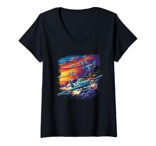 Damen WW2 Kampfflugzeuge Tshirt B-17 P51 Mustang F4U Corsair T-Shirt mit V-Ausschnitt Damen WW2 Kampfflugzeuge Tshirt B-17 P51 Mustang F4U Corsair T-Shirt mit V-Ausschnitt von WW2 Kampfflugzeuge B-17 Corsair P40 P51 Mustang