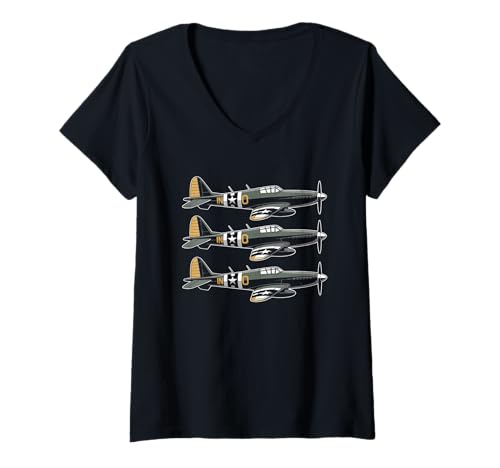 Damen WW2 Kampfflugzeuge Tshirt B-17 P51 Mustang F4U Corsair T-Shirt mit V-Ausschnitt Damen WW2 Kampfflugzeuge Tshirt B-17 P51 Mustang F4U Corsair T-Shirt mit V-Ausschnitt von WW2 Kampfflugzeuge B-17 Corsair P40 P51 Mustang