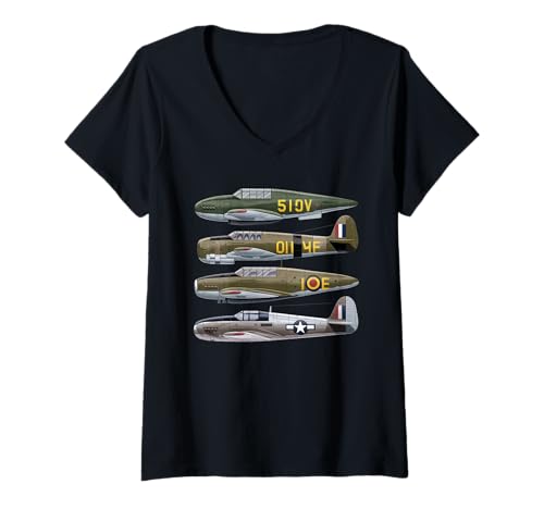 Damen WW2 Kampfflugzeuge Tshirt B-17 P51 Mustang F4U Corsair T-Shirt mit V-Ausschnitt Damen WW2 Kampfflugzeuge Tshirt B-17 P51 Mustang F4U Corsair T-Shirt mit V-Ausschnitt von WW2 Kampfflugzeuge B-17 Corsair P40 P51 Mustang