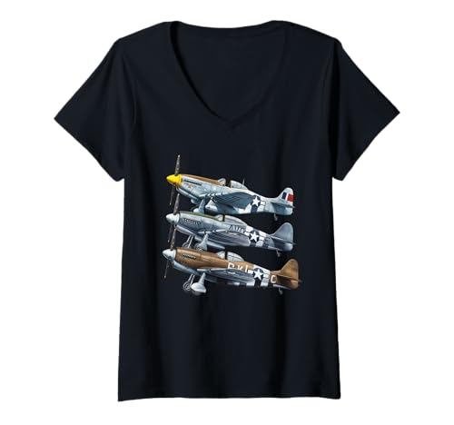 Damen WW2 Kampfflugzeuge Tshirt B-17 P51 Mustang F4U Corsair T-Shirt mit V-Ausschnitt Damen WW2 Kampfflugzeuge Tshirt B-17 P51 Mustang F4U Corsair T-Shirt mit V-Ausschnitt von WW2 Kampfflugzeuge B-17 Corsair P40 P51 Mustang