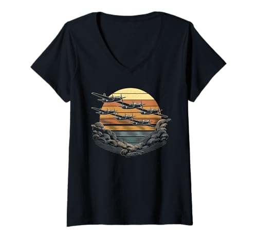 Damen WW2 Kampfflugzeuge Tshirt B-17 P51 Mustang F4U Corsair T-Shirt mit V-Ausschnitt Damen WW2 Kampfflugzeuge Tshirt B-17 P51 Mustang F4U Corsair T-Shirt mit V-Ausschnitt von WW2 Kampfflugzeuge B-17 Corsair P40 P51 Mustang