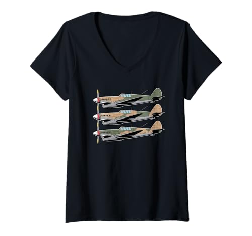 Damen WW2 Kampfflugzeuge Tshirt B-17 P51 Mustang F4U Corsair T-Shirt mit V-Ausschnitt Damen WW2 Kampfflugzeuge Tshirt B-17 P51 Mustang F4U Corsair T-Shirt mit V-Ausschnitt von WW2 Kampfflugzeuge B-17 Corsair P40 P51 Mustang