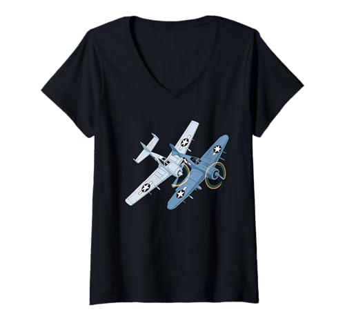 Damen WW2 Kampfflugzeuge Tshirt B-17 P51 Mustang F4U Corsair T-Shirt mit V-Ausschnitt Damen WW2 Kampfflugzeuge Tshirt B-17 P51 Mustang F4U Corsair T-Shirt mit V-Ausschnitt von WW2 Kampfflugzeuge B-17 Corsair P40 P51 Mustang