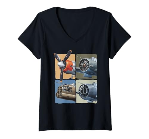 Damen WW2 Kampfflugzeuge Tshirt B-17 P51 Mustang F4U Corsair T-Shirt mit V-Ausschnitt Damen WW2 Kampfflugzeuge Tshirt B-17 P51 Mustang F4U Corsair T-Shirt mit V-Ausschnitt von WW2 Kampfflugzeuge B-17 Corsair P40 P51 Mustang