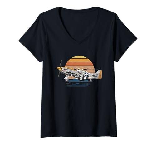 Damen WW2 Kampfflugzeuge Tshirt B-17 P51 Mustang F4U Corsair T-Shirt mit V-Ausschnitt Damen WW2 Kampfflugzeuge Tshirt B-17 P51 Mustang F4U Corsair T-Shirt mit V-Ausschnitt von WW2 Kampfflugzeuge B-17 Corsair P40 P51 Mustang