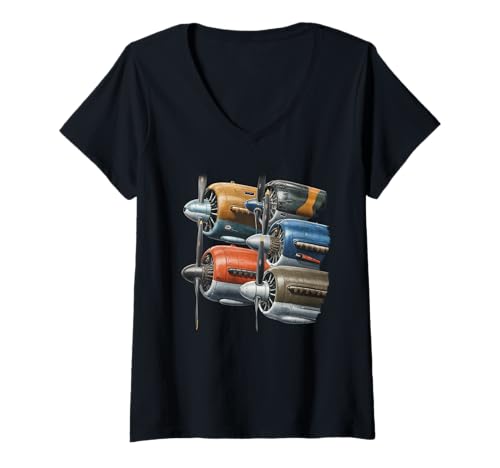 Damen WW2 Kampfflugzeuge Tshirt B-17 P51 Mustang F4U Corsair T-Shirt mit V-Ausschnitt Damen WW2 Kampfflugzeuge Tshirt B-17 P51 Mustang F4U Corsair T-Shirt mit V-Ausschnitt von WW2 Kampfflugzeuge B-17 Corsair P40 P51 Mustang