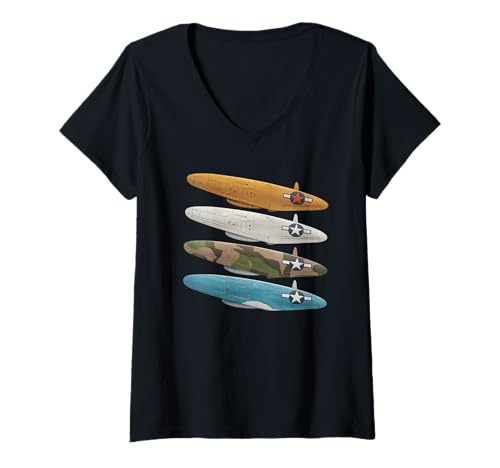 Damen WW2 Kampfflugzeuge Tshirt B-17 P51 Mustang F4U Corsair T-Shirt mit V-Ausschnitt Damen WW2 Kampfflugzeuge Tshirt B-17 P51 Mustang F4U Corsair T-Shirt mit V-Ausschnitt von WW2 Kampfflugzeuge B-17 Corsair P40 P51 Mustang