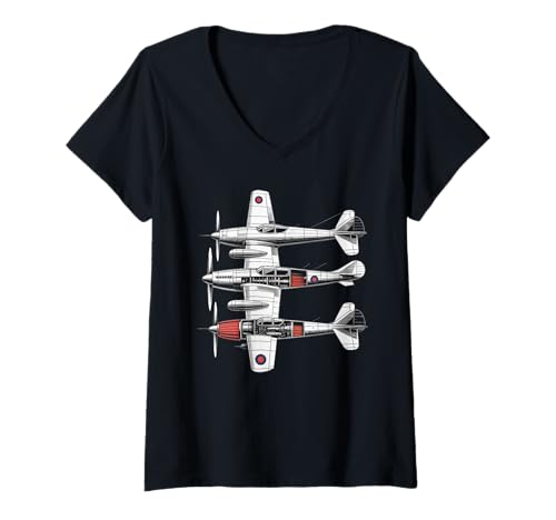 Damen WW2 Kampfflugzeuge Tshirt B-17 P51 Mustang F4U Corsair T-Shirt mit V-Ausschnitt Damen WW2 Kampfflugzeuge Tshirt B-17 P51 Mustang F4U Corsair T-Shirt mit V-Ausschnitt von WW2 Kampfflugzeuge B-17 Corsair P40 P51 Mustang