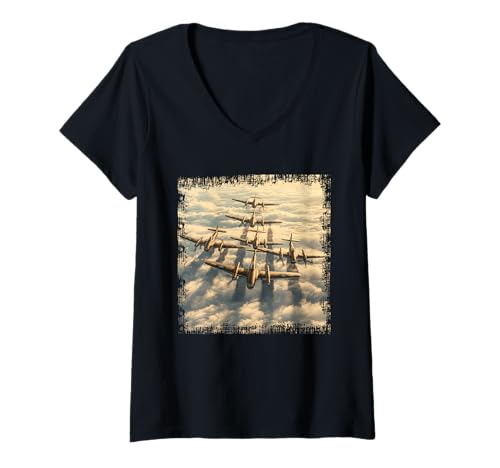 Damen WW2 Kampfflugzeuge Tshirt B-17 P51 Mustang F4U Corsair T-Shirt mit V-Ausschnitt Damen WW2 Kampfflugzeuge Tshirt B-17 P51 Mustang F4U Corsair T-Shirt mit V-Ausschnitt von WW2 Kampfflugzeuge B-17 Corsair P40 P51 Mustang