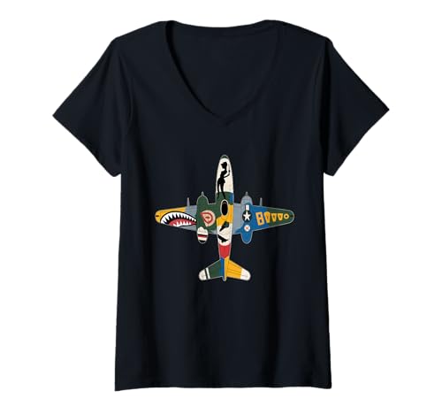 Damen WW2 Kampfflugzeuge Tshirt B-17 P51 Mustang F4U Corsair T-Shirt mit V-Ausschnitt Damen WW2 Kampfflugzeuge Tshirt B-17 P51 Mustang F4U Corsair T-Shirt mit V-Ausschnitt von WW2 Kampfflugzeuge B-17 Corsair P40 P51 Mustang