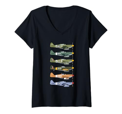Damen WW2 Kampfflugzeuge Tshirt B-17 P51 Mustang F4U Corsair T-Shirt mit V-Ausschnitt Damen WW2 Kampfflugzeuge Tshirt B-17 P51 Mustang F4U Corsair T-Shirt mit V-Ausschnitt von WW2 Kampfflugzeuge B-17 Corsair P40 P51 Mustang