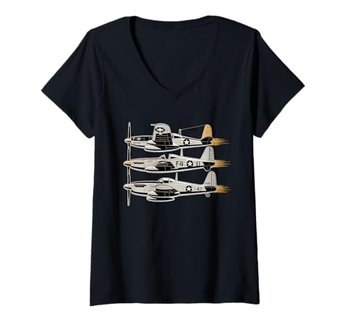 Damen WW2 Kampfflugzeuge Tshirt B-17 P51 Mustang F4U Corsair T-Shirt mit V-Ausschnitt Damen WW2 Kampfflugzeuge Tshirt B-17 P51 Mustang F4U Corsair T-Shirt mit V-Ausschnitt von WW2 Kampfflugzeuge B-17 Corsair P40 P51 Mustang