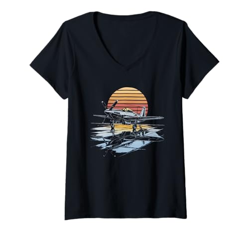 Damen WW2 Kampfflugzeuge Tshirt B-17 P51 Mustang F4U Corsair T-Shirt mit V-Ausschnitt Damen WW2 Kampfflugzeuge Tshirt B-17 P51 Mustang F4U Corsair T-Shirt mit V-Ausschnitt von WW2 Kampfflugzeuge B-17 Corsair P40 P51 Mustang