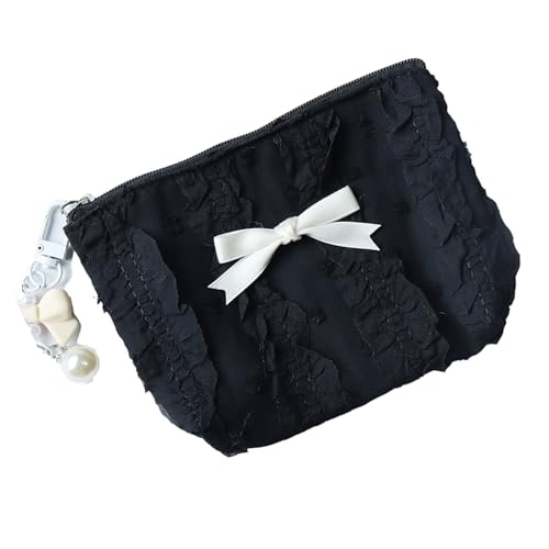Kleine Geldbörse aus Segeltuch mit Spitzenschleifen, Make-up-Tasche, Münzaufbewahrung, organisierte Kosmetiktasche für Damen und Mädchen, Schwarz , Mass Beauty von WWHJR
