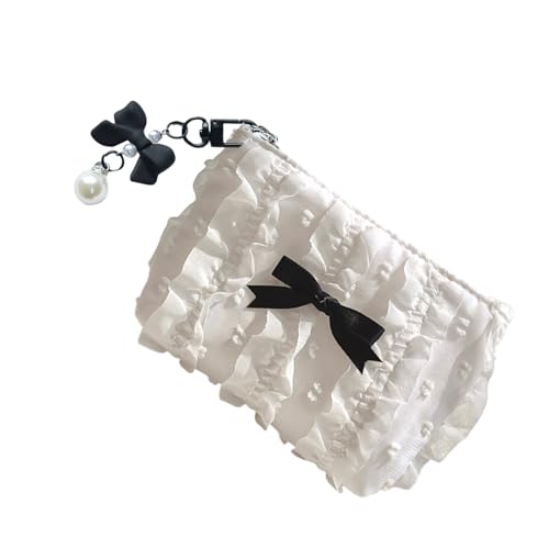 Kleine Geldbörse aus Segeltuch mit Spitzenschleifen, Make-up-Tasche, Münzaufbewahrung, organisierte Kosmetiktasche für Damen und Mädchen, weiß, Mass Beauty von WWHJR