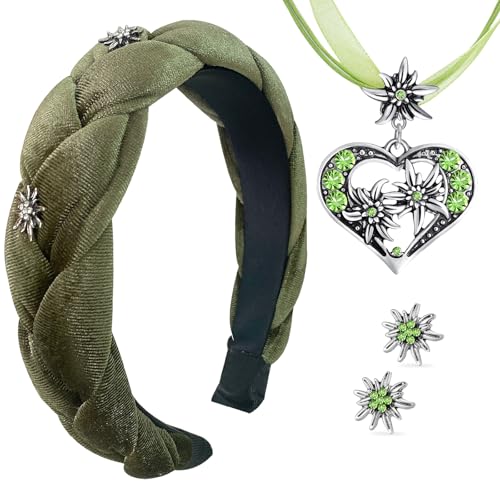 WWISTOA Samt Haarreifen Grün Dirndl Haarreif Damen Dirndlschmuck 3 Stück Trachtenschmuck Edelweiß Halskette und Ohrstecker Bierfest Trachten Dirndl Outfit Accessoires Oktoberfest Accessoires von WWISTOA