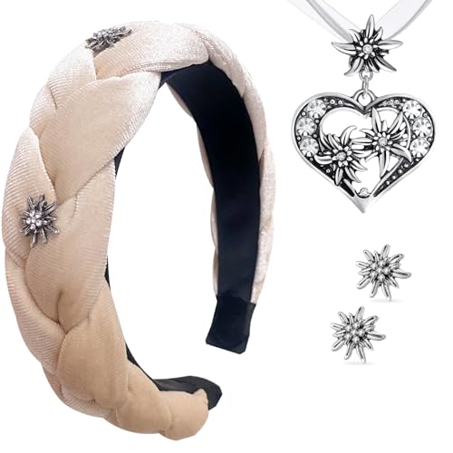 WWISTOA Samt Haarreifen Dirndl Haarreif Damen Dirndlschmuck 3 Stück Trachtenschmuck Edelweiß Halskette und Ohrstecker Bierfest Trachten Dirndl Outfit Accessoires Oktoberfest Accessoires von WWISTOA