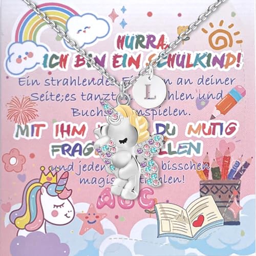 WWISTOA Einschulung Mädchen Geschenk,2025 Schulkind,schultüte Einhorn Inhalt,Einhorn Halskette Glücksbringer mit Grußkarte Geschenkbox für Mädchen 5-12 Jahre (L) von WWISTOA