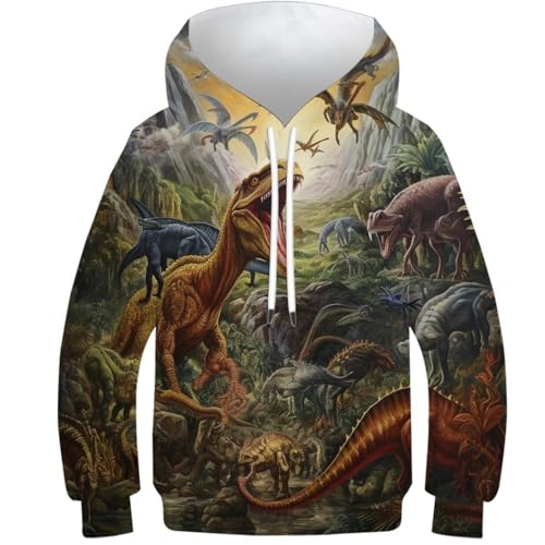WWJLRLXTO Dinosaurier Kapuzenpullover Dinosaurier World Pullover Personalisierte Neuheit 3D Druck Kinder Hoodie Jungen Mädchen Langarm 6-16 Jahre 10-12Y von WWJLRLXTO