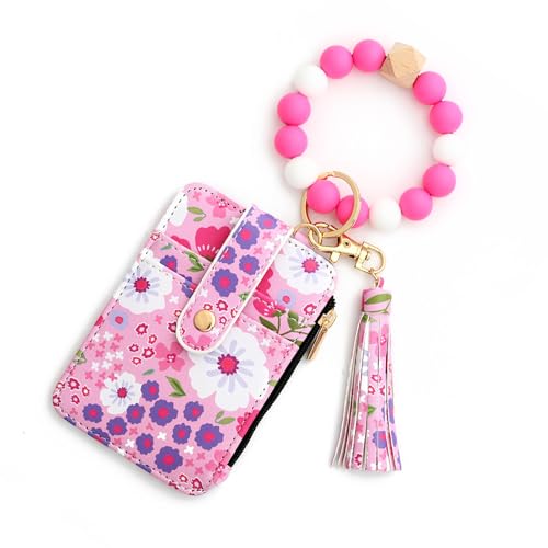WWWSENSEN Women's Boho Beaded Wallet,Tassel Charms Keychain with Flower Pattern Wallet, für Frauen Kartenetuis & kleine Geld Organizer (Rose Red) von WWWSENSEN