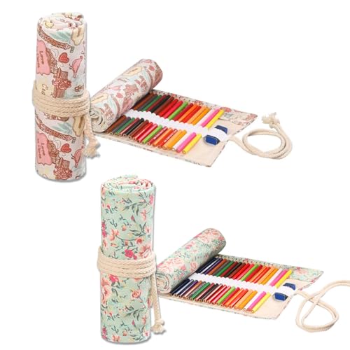 WWYSSZ 36 Löcher Leinwand Stifterolle Roll, 2 Stück Rollmäppchen Leinwand Bleistift Wrap, Stifte Mäppchen Rolle, Waschbar, Blumen-Muster, für Aquarellstifte Bleistifte Buntstifte von WWYSSZ