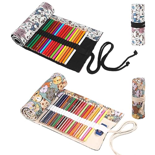 WWYSSZ 2 Stück 36 Löcher Leinwand Stifterolle Roll Rollmäppchen Bleistift Wrap, Stifte Mäppchen Rolle, Katze Cartoon Muster, Waschbar, für Aquarellstifte Bleistifte Buntstifte von WWYSSZ
